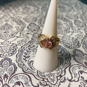 Gold Tone Pink Amethyst & Crystal Costume Ring 7